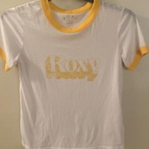 Roxy Ringer T-shirt with ☀️ Retro Yellow Roxy Logo on front, size S for teen